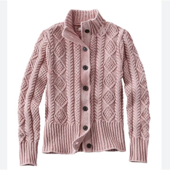 LL Bean Signature Cotton Irish Fisherman Sweater Cableknit Cardigan Mauve Large - Picture 1 of 9
